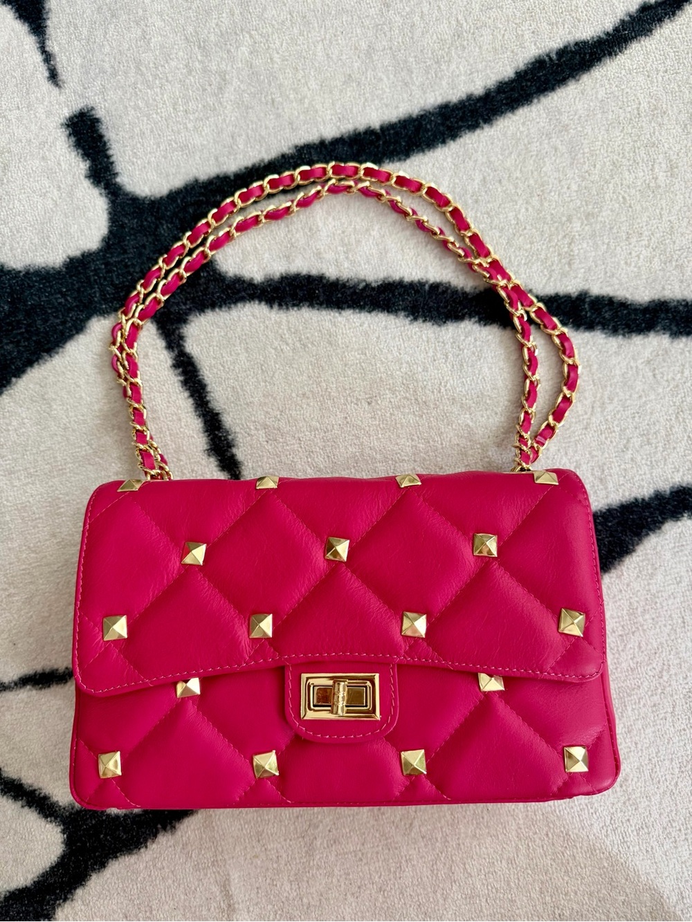Fuchsia Quilted Shoulder Bag with Gold Studs and Chain Strap